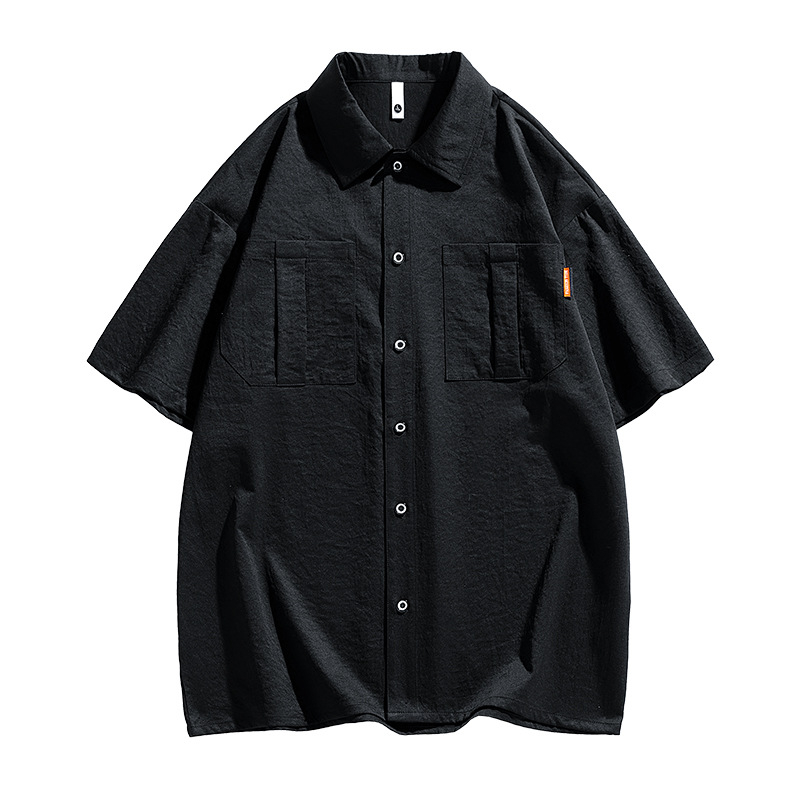 Pánska letná košeľa v japonskom štýle, úzky strih, golier s piatimi bodmi, detail vrecka