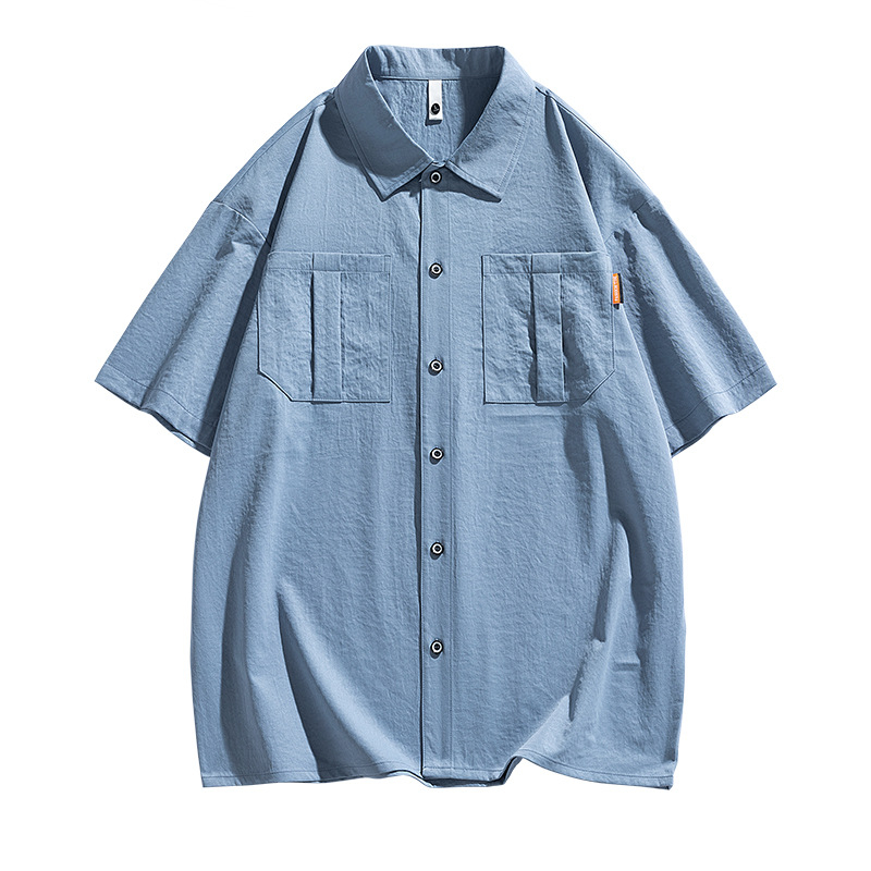 Pánska letná košeľa v japonskom štýle, úzky strih, golier s piatimi bodmi, detail vrecka