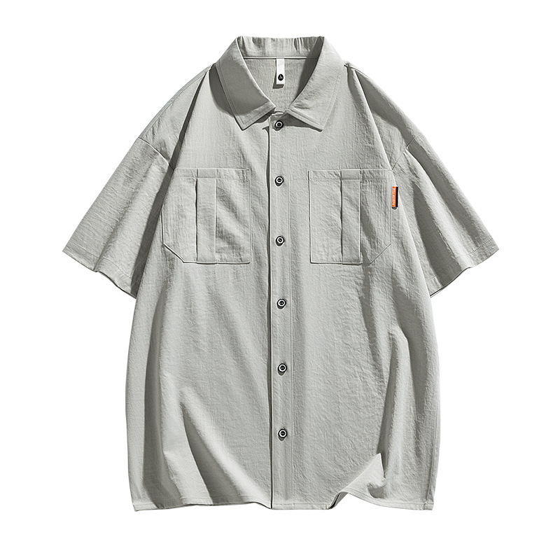 Pánska letná košeľa v japonskom štýle, úzky strih, golier s piatimi bodmi, detail vrecka