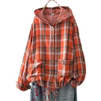 Cămașă cu glugă din bumbac, model pătrățeles, stil cardigan, croială lejeră