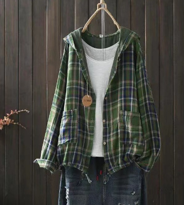 Cămașă cu glugă din bumbac, model pătrățeles, stil cardigan, croială lejeră