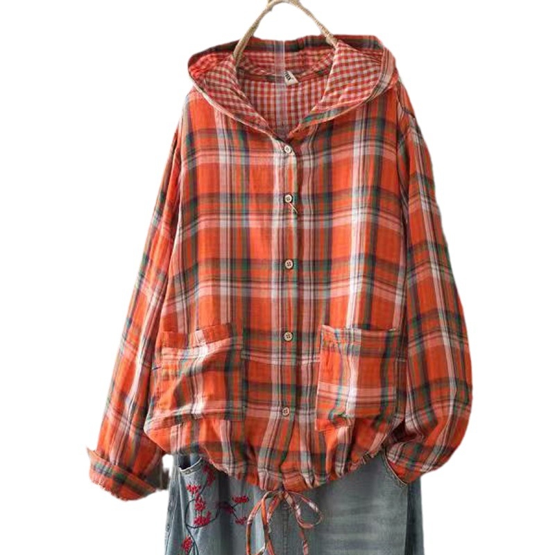 Cămașă cu glugă din bumbac, model pătrățeles, stil cardigan, croială lejeră