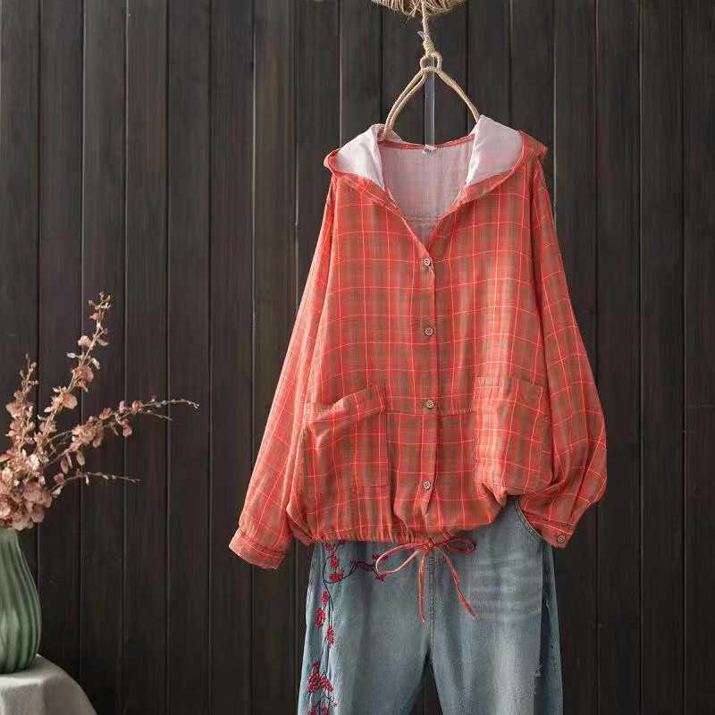 Cămașă cu glugă din bumbac, model pătrățeles, stil cardigan, croială lejeră