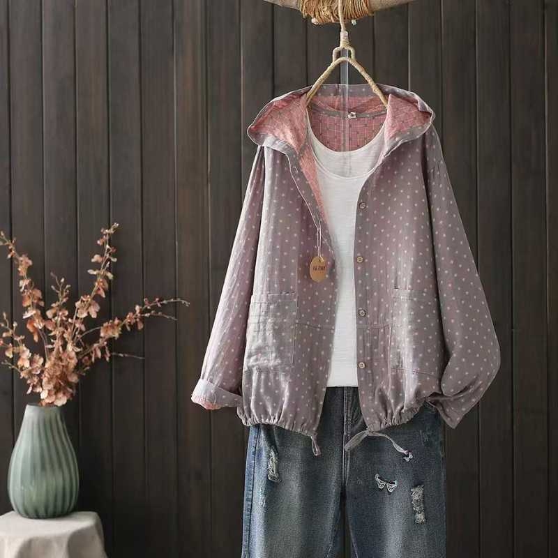 Cămașă cu glugă din bumbac, model pătrățeles, stil cardigan, croială lejeră