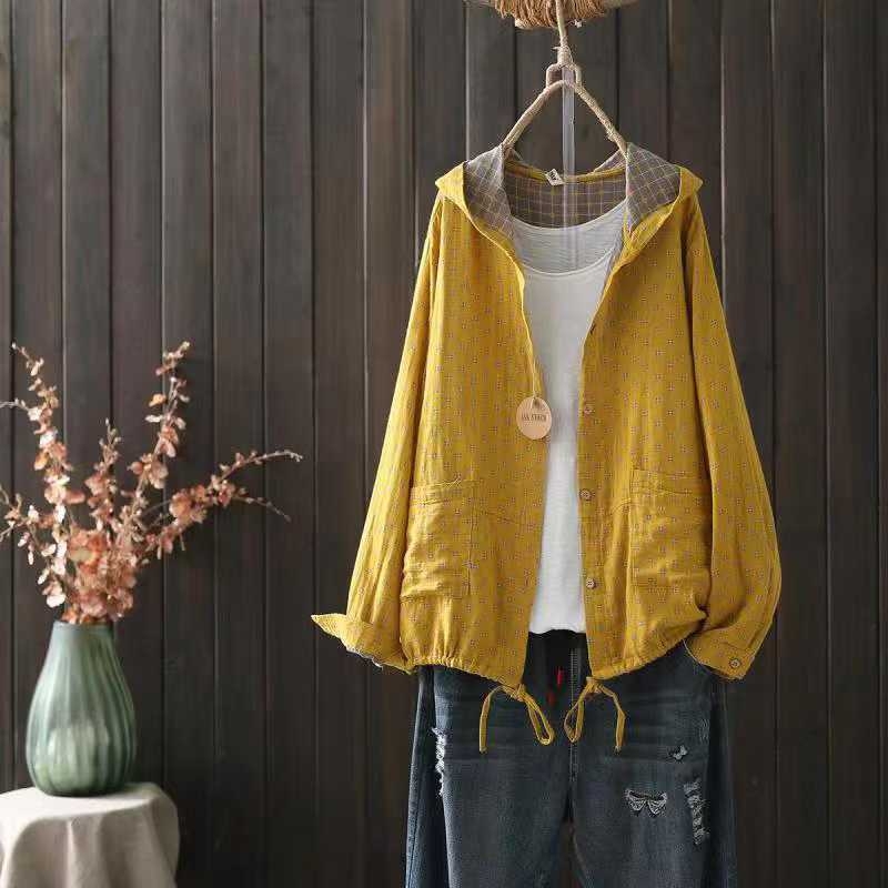 Cămașă cu glugă din bumbac, model pătrățeles, stil cardigan, croială lejeră