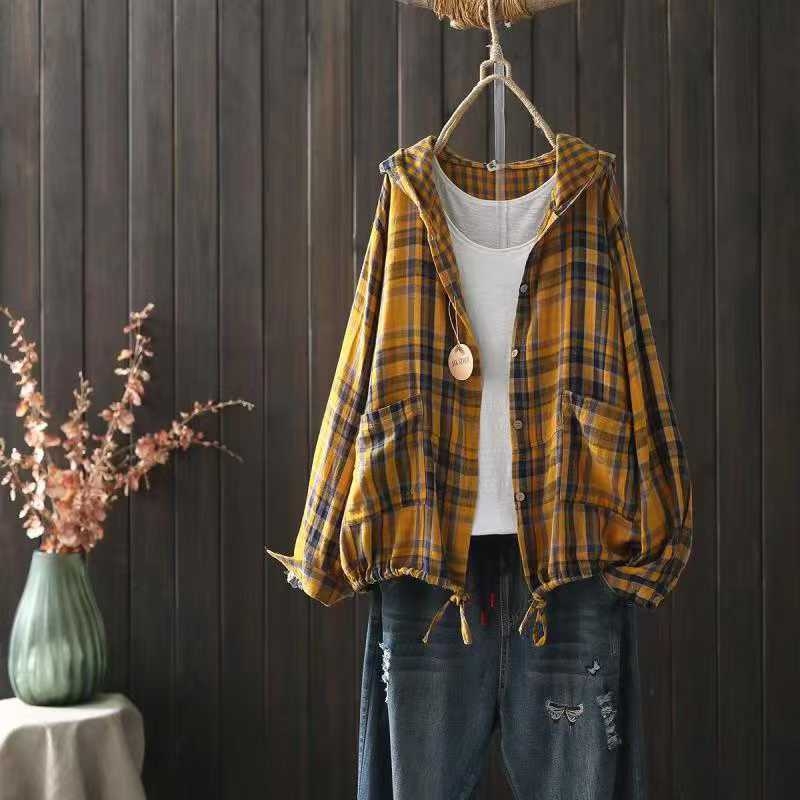 Cămașă cu glugă din bumbac, model pătrățeles, stil cardigan, croială lejeră