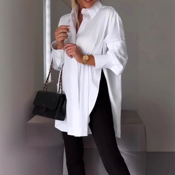 Cămașă din poliester cu mâneci lungi, decolteu în V, croială lejeră, patchwork cusături — Primăvara 2025