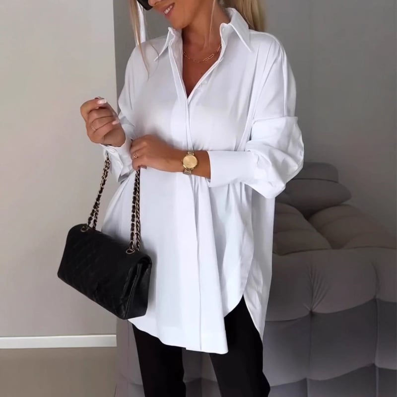 Cămașă din poliester cu mâneci lungi, decolteu în V, croială lejeră, patchwork cusături — Primăvara 2025