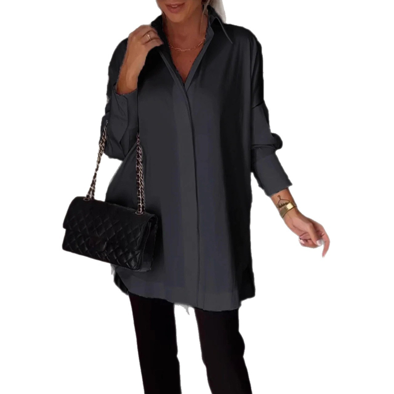 Cămașă din poliester cu mâneci lungi, decolteu în V, croială lejeră, patchwork cusături — Primăvara 2025