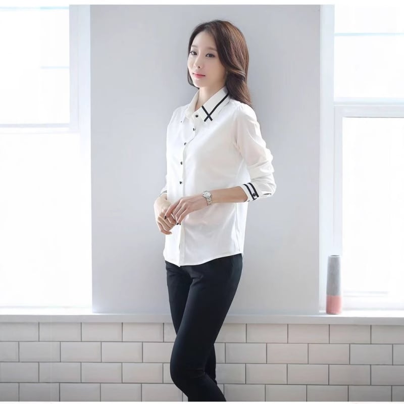 Cămașă de damă slim-fit cu mânecă lungă, guler polo, model solid, 80–90% poliester