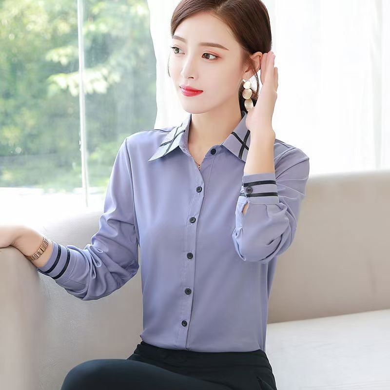 Cămașă de damă slim-fit cu mânecă lungă, guler polo, model solid, 80–90% poliester