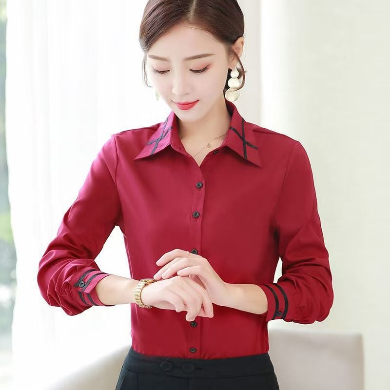 Cămașă de damă slim-fit cu mânecă lungă, guler polo, model solid, 80–90% poliester