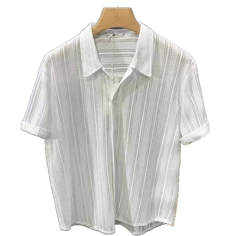 Cămașă de bărbați cu mânecă scurtă, guler pătrat, croială slim, țesătură de poliester