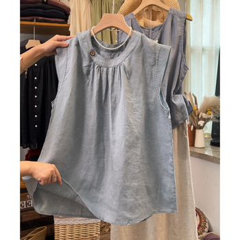 Jiana Hanyi bluză fără mâneci din bumbac-lin, guler rotund, croială lejeră, stil pulover, lungime standard