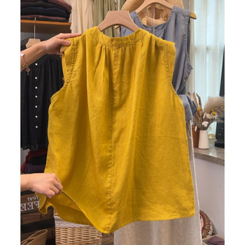 Jiana Hanyi bluză fără mâneci din bumbac-lin, guler rotund, croială lejeră, stil pulover, lungime standard