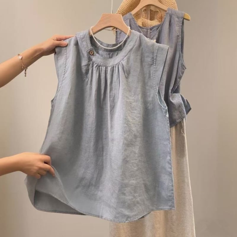 Jiana Hanyi bluză fără mâneci din bumbac-lin, guler rotund, croială lejeră, stil pulover, lungime standard