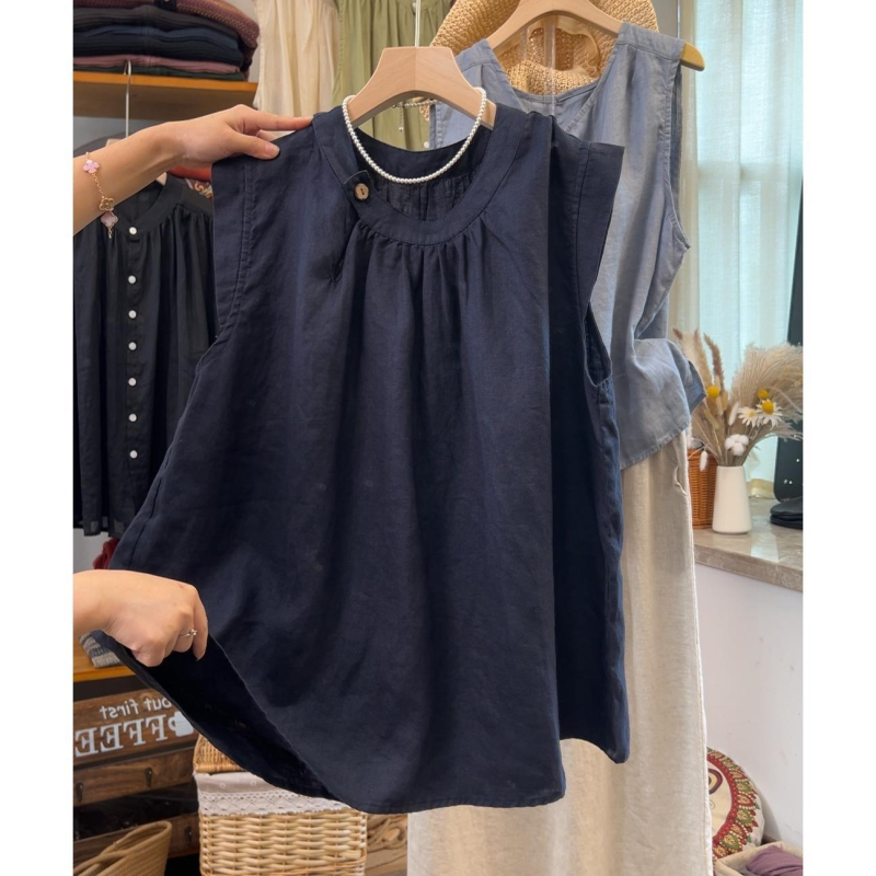 Jiana Hanyi bluză fără mâneci din bumbac-lin, guler rotund, croială lejeră, stil pulover, lungime standard