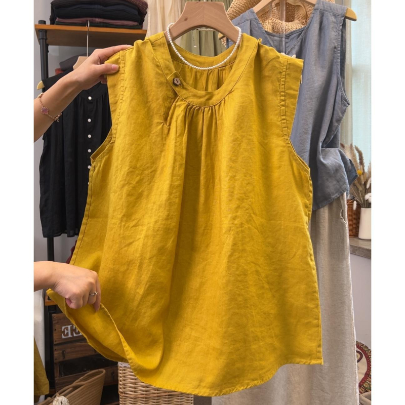 Jiana Hanyi bluză fără mâneci din bumbac-lin, guler rotund, croială lejeră, stil pulover, lungime standard