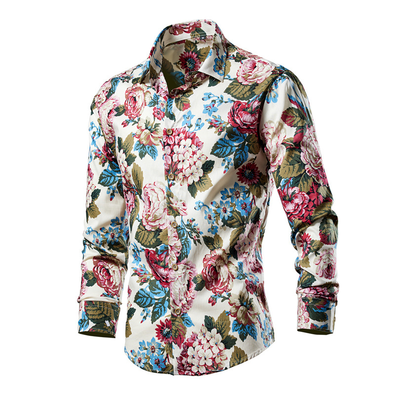 Košulja s floralnim uzorkom, slim-fit, duge rukave, široki ovratnik, poliester.