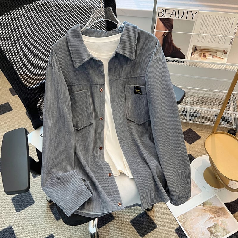 Corduroy košulja-jakna, pliš flis podstava, dugi rukav, šiljasti ovratnik, korejski stil, jesen-zima