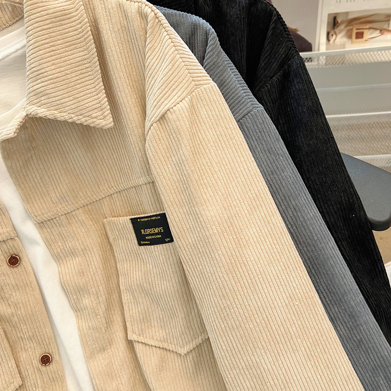 Corduroy košulja-jakna, pliš flis podstava, dugi rukav, šiljasti ovratnik, korejski stil, jesen-zima