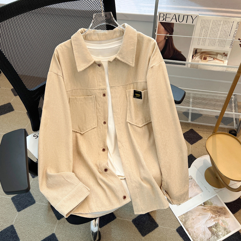 Corduroy košulja-jakna, pliš flis podstava, dugi rukav, šiljasti ovratnik, korejski stil, jesen-zima