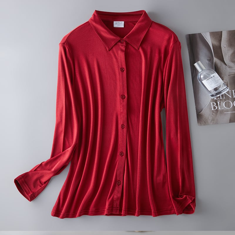 Ženska košulja od svile dudovine, ravni kroj, duge rukave, ovratnik s reverom, gumbe