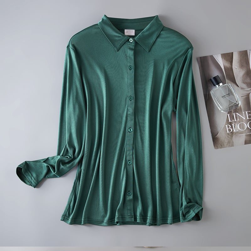 Ženska košulja od svile dudovine, ravni kroj, duge rukave, ovratnik s reverom, gumbe
