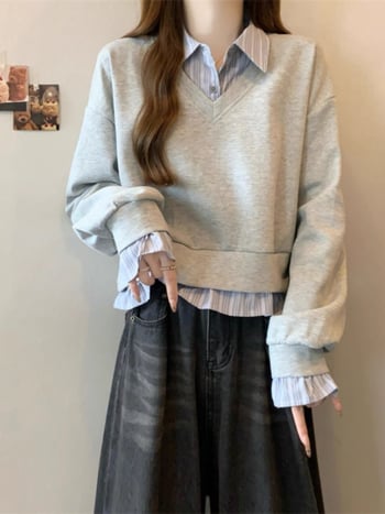 Cămașă din poliester cu detaliu de colaj, top cu aspect de două piese fals, guler polo, mâneci lungi, lungime standard