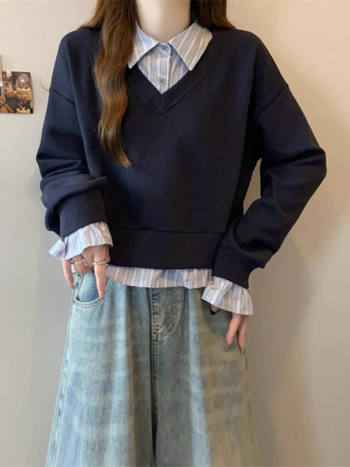 Cămașă din poliester cu detaliu de colaj, top cu aspect de două piese fals, guler polo, mâneci lungi, lungime standard