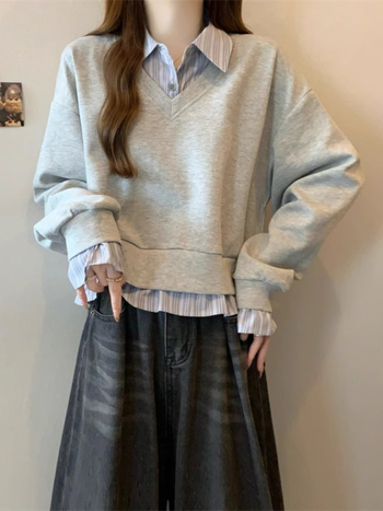 Cămașă din poliester cu detaliu de colaj, top cu aspect de două piese fals, guler polo, mâneci lungi, lungime standard