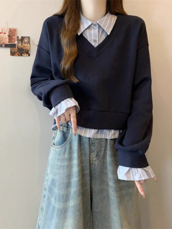 Cămașă din poliester cu detaliu de colaj, top cu aspect de două piese fals, guler polo, mâneci lungi, lungime standard