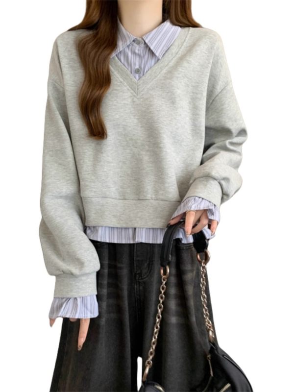 Cămașă din poliester cu detaliu de colaj, top cu aspect de două piese fals, guler polo, mâneci lungi, lungime standard