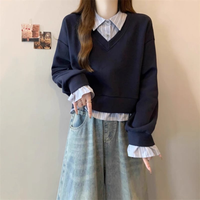 Cămașă din poliester cu detaliu de colaj, top cu aspect de două piese fals, guler polo, mâneci lungi, lungime standard