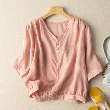 Pamukasta bluza s V-izrezom, 3/4 rukavi, kratka duljina, slobodan kroj