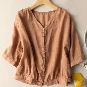 Pamukasta bluza s V-izrezom, 3/4 rukavi, kratka duljina, slobodan kroj