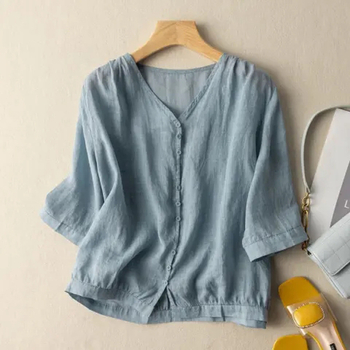 Pamukasta bluza s V-izrezom, 3/4 rukavi, kratka duljina, slobodan kroj