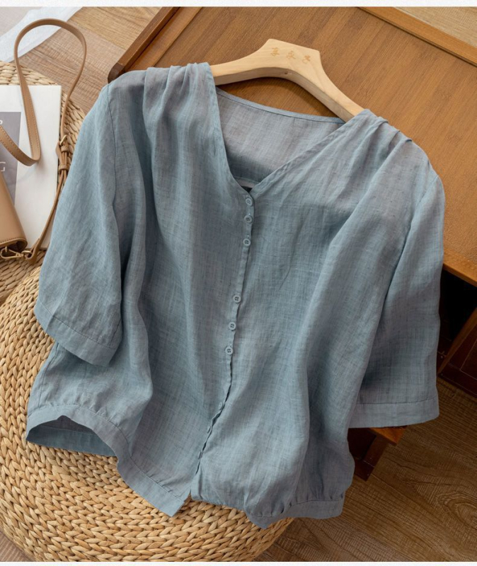 Pamukasta bluza s V-izrezom, 3/4 rukavi, kratka duljina, slobodan kroj
