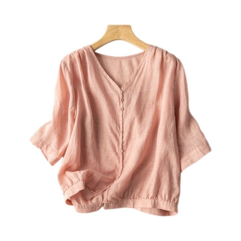 Pamukasta bluza s V-izrezom, 3/4 rukavi, kratka duljina, slobodan kroj