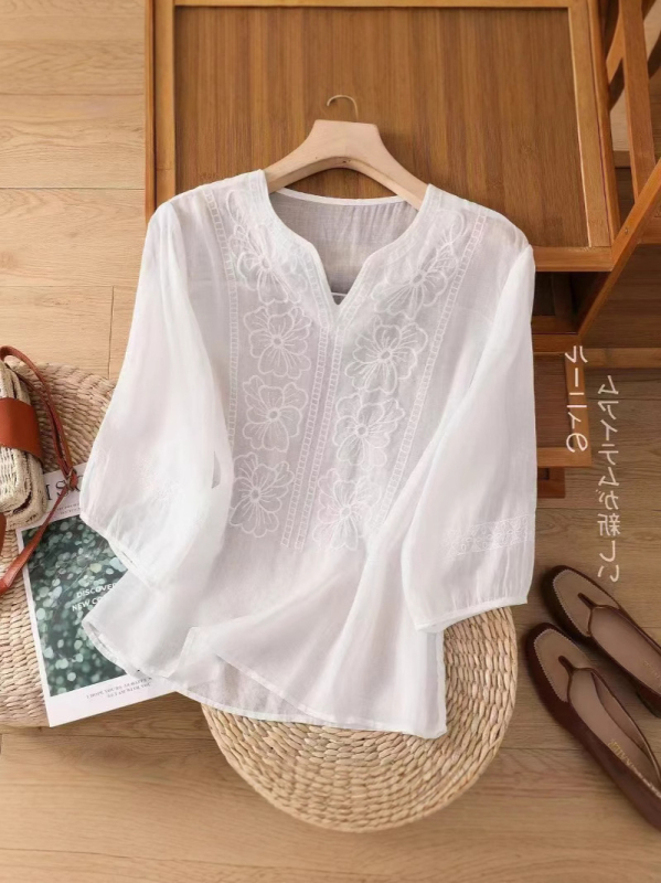 Novi pamukasti top s kratkim rukavima, izvezeni detalj, korejski stil, pulover, ženski ljetni T-shirt