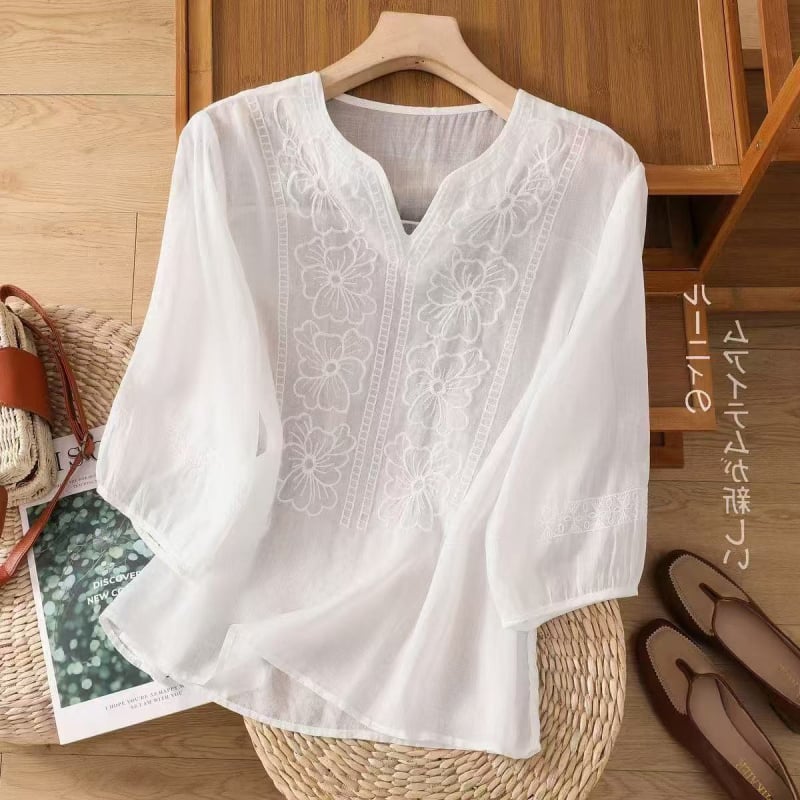 Novi pamukasti top s kratkim rukavima, izvezeni detalj, korejski stil, pulover, ženski ljetni T-shirt