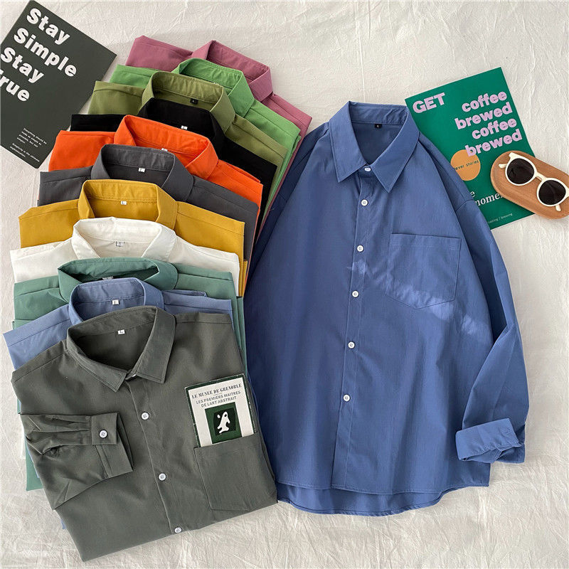 Cămașă, stil cardigan coreean, culoare solidă, mâneci lungi, guler polo, croială lejeră (poliesters, culoare solidă, mâneci lungi, guler polo, croială lejeră)