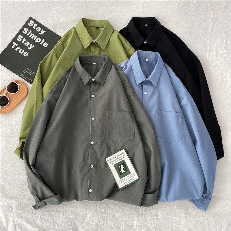 Cămașă, stil cardigan coreean, culoare solidă, mâneci lungi, guler polo, croială lejeră (poliesters, culoare solidă, mâneci lungi, guler polo, croială lejeră)