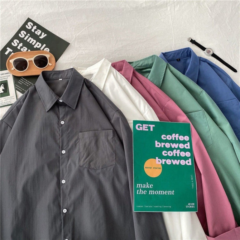 Cămașă, stil cardigan coreean, culoare solidă, mâneci lungi, guler polo, croială lejeră (poliesters, culoare solidă, mâneci lungi, guler polo, croială lejeră)