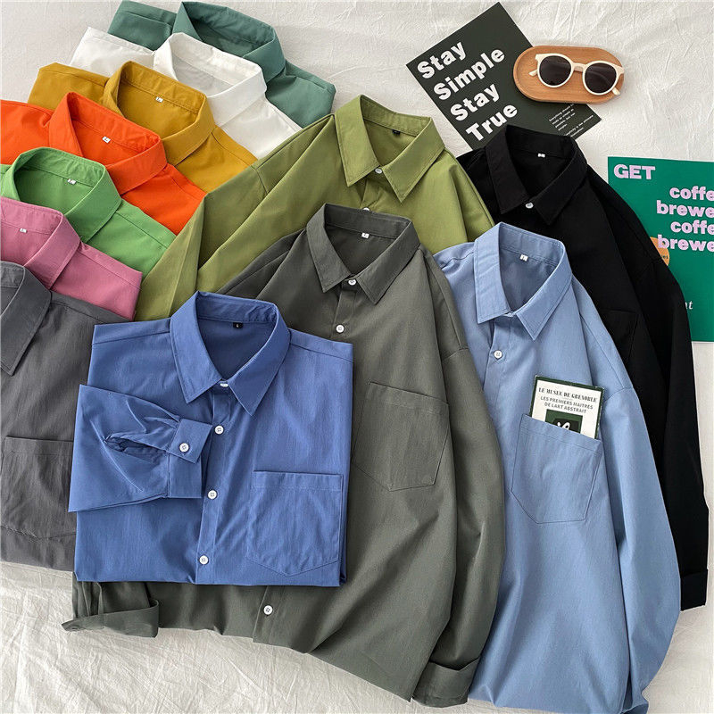 Cămașă, stil cardigan coreean, culoare solidă, mâneci lungi, guler polo, croială lejeră (poliesters, culoare solidă, mâneci lungi, guler polo, croială lejeră)