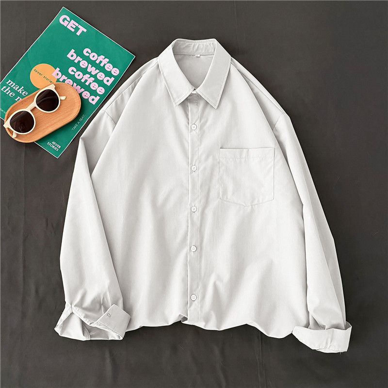 Cămașă, stil cardigan coreean, culoare solidă, mâneci lungi, guler polo, croială lejeră (poliesters, culoare solidă, mâneci lungi, guler polo, croială lejeră)