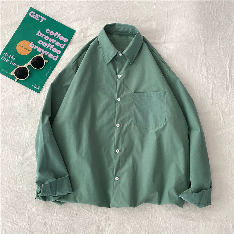 Cămașă, stil cardigan coreean, culoare solidă, mâneci lungi, guler polo, croială lejeră (poliesters, culoare solidă, mâneci lungi, guler polo, croială lejeră)