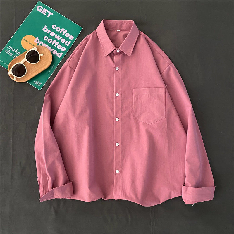 Cămașă, stil cardigan coreean, culoare solidă, mâneci lungi, guler polo, croială lejeră (poliesters, culoare solidă, mâneci lungi, guler polo, croială lejeră)