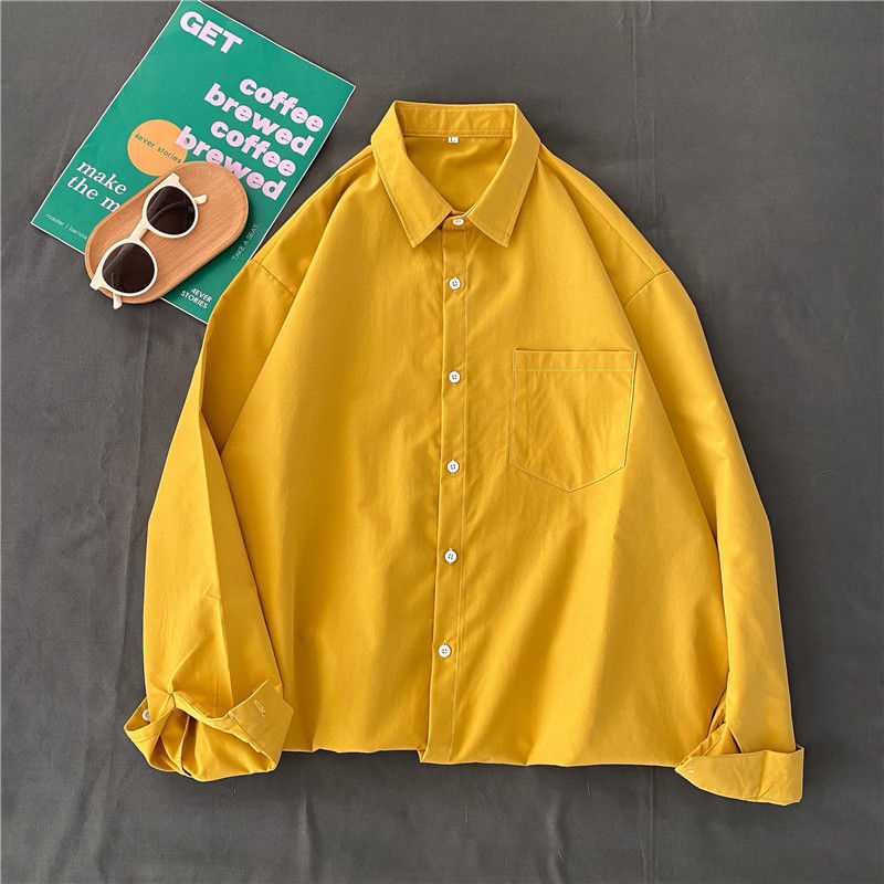 Cămașă, stil cardigan coreean, culoare solidă, mâneci lungi, guler polo, croială lejeră (poliesters, culoare solidă, mâneci lungi, guler polo, croială lejeră)