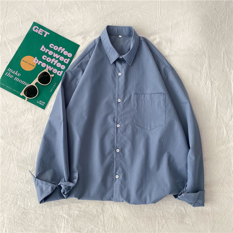 Cămașă, stil cardigan coreean, culoare solidă, mâneci lungi, guler polo, croială lejeră (poliesters, culoare solidă, mâneci lungi, guler polo, croială lejeră)